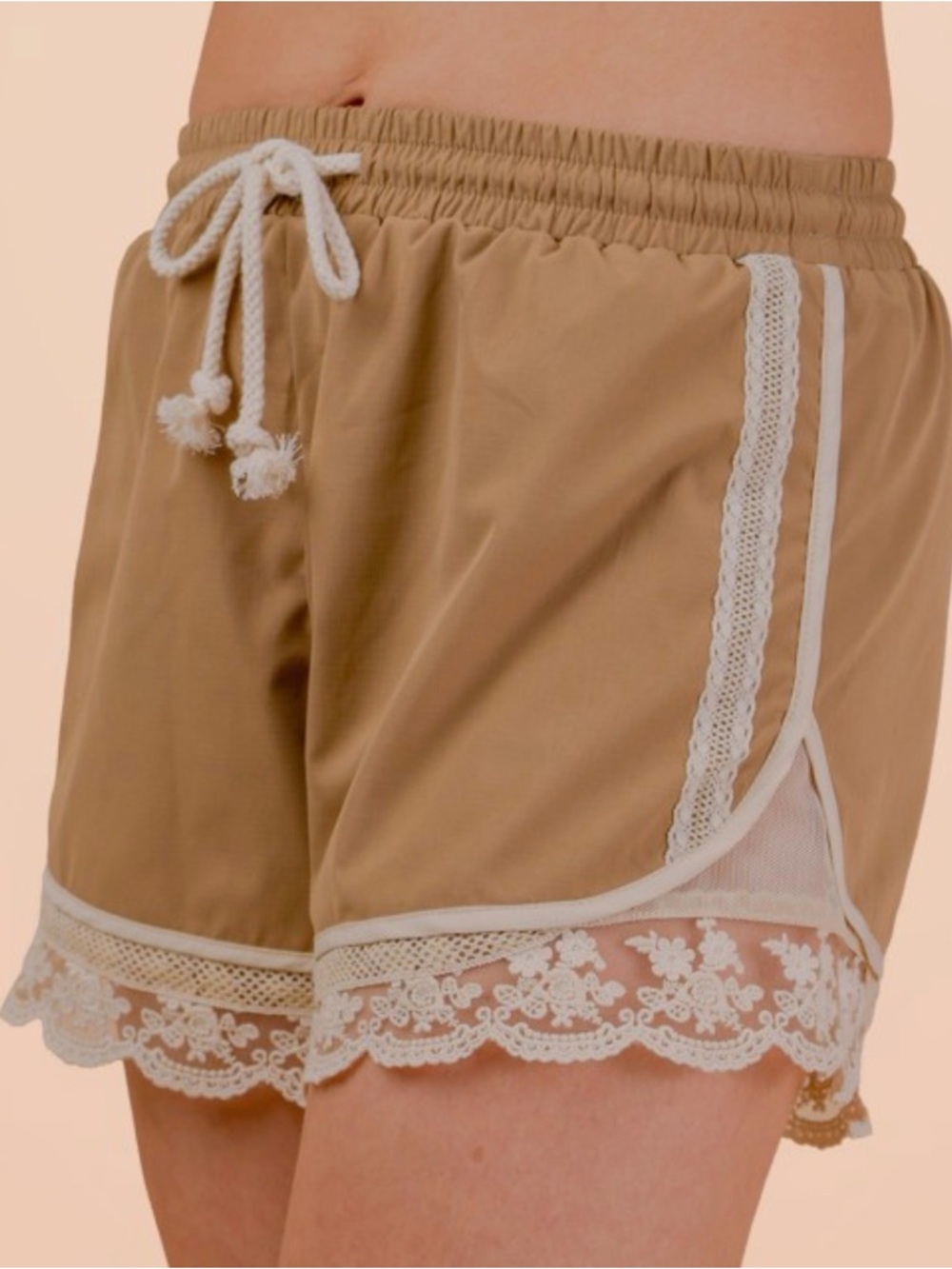 Women's Tan Athletic Shorts with Lace Trim